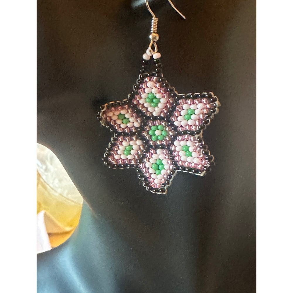 Handmade Seed Bead Floral Star Dangle Earrings Pink Green Boho Tribal Unique